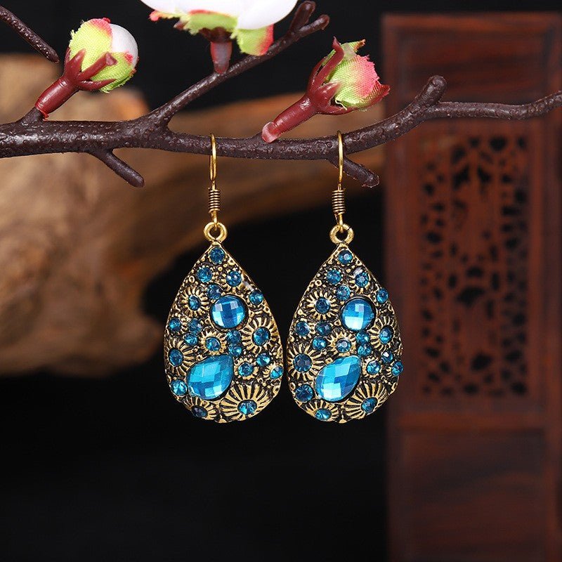 Boucles d'oreilles en diamant gemme goutte d'eau style ethnique ancien bleu noir - Allomarc.com