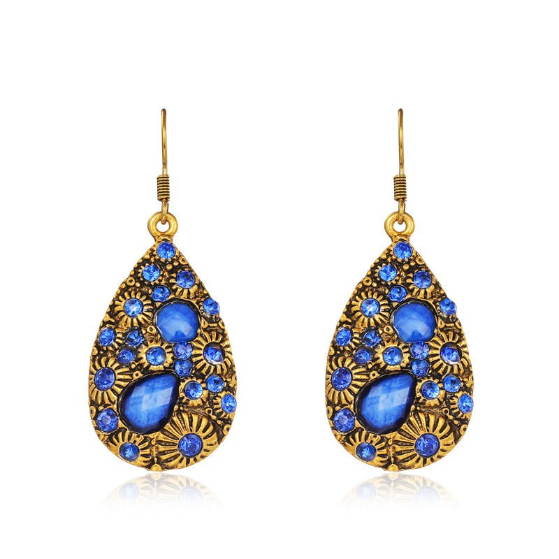 Boucles d'oreilles en diamant gemme goutte d'eau style ethnique ancien bleu noir - Allomarc.com