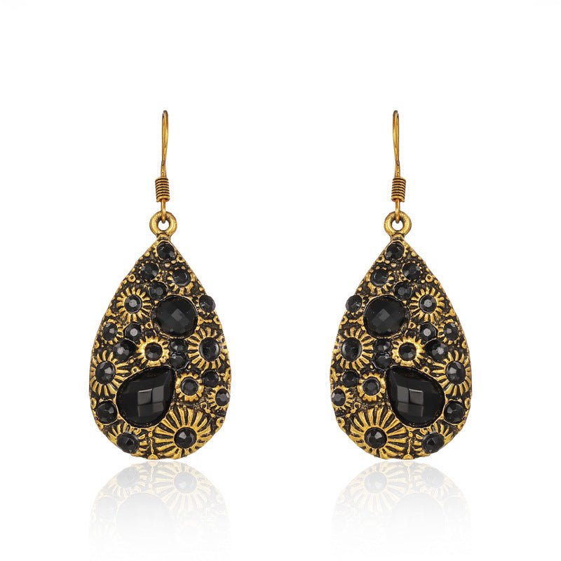 Boucles d'oreilles en diamant gemme goutte d'eau style ethnique ancien bleu noir - Allomarc.com