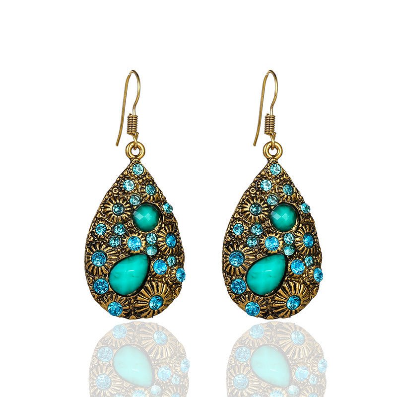 Boucles d'oreilles en diamant gemme goutte d'eau style ethnique ancien bleu noir - Allomarc.com