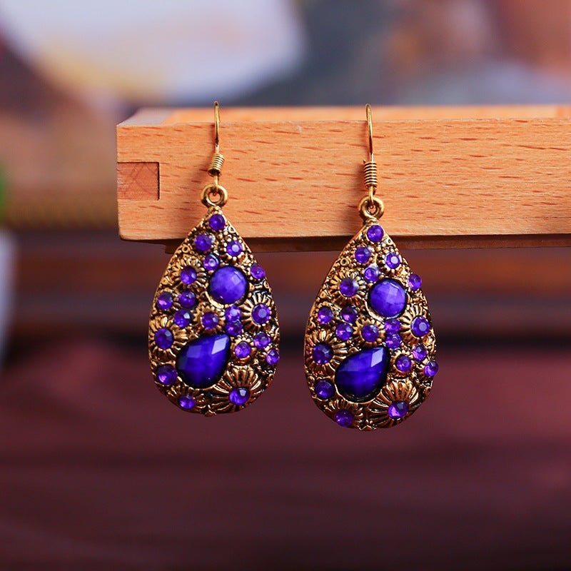 Boucles d'oreilles en diamant gemme goutte d'eau style ethnique ancien bleu noir - Allomarc.com