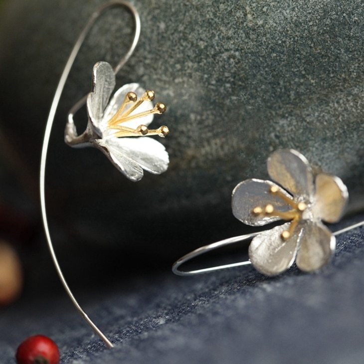Boucles d'oreilles longues à frange fleur en argent sterling S925 - Allomarc.com