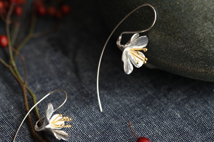Boucles d'oreilles longues à frange fleur en argent sterling S925 - Allomarc.com