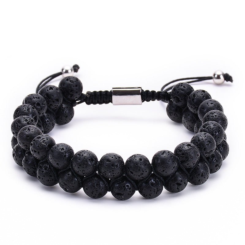 Bracelet Double Rang en Pierre Naturelle Œil de Tigre et Pierre Volcanique - Allomarc.com