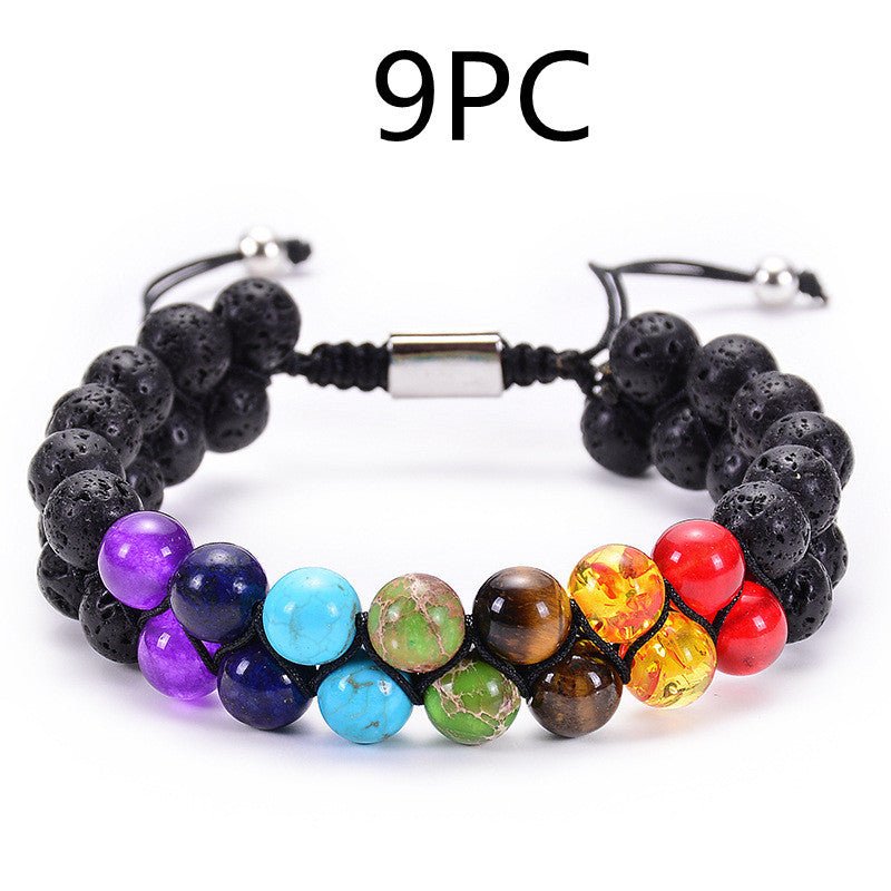 Bracelet Double Rang en Pierre Naturelle Œil de Tigre et Pierre Volcanique - Allomarc.com