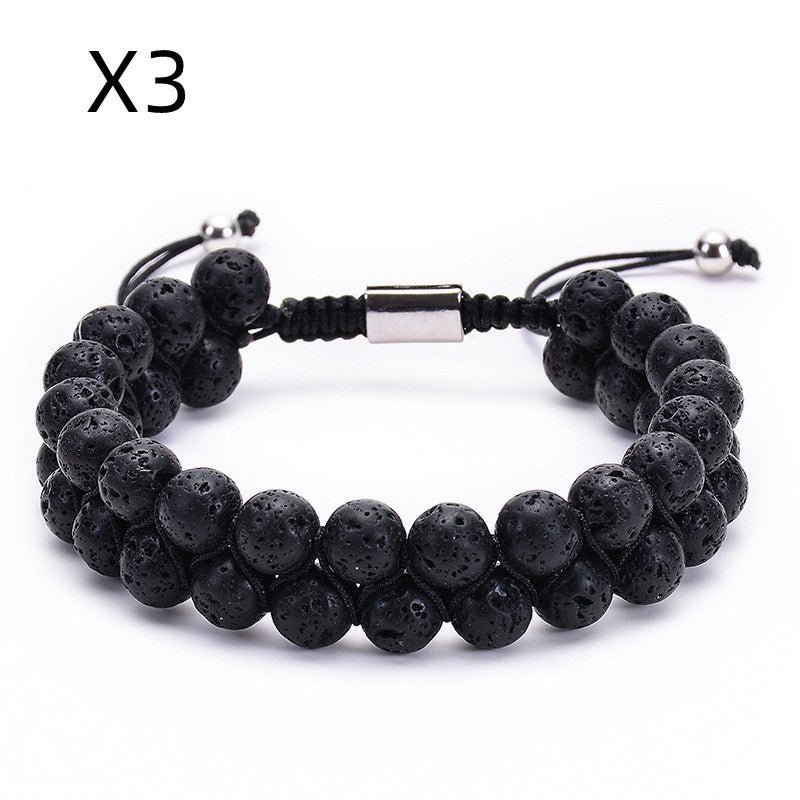 Bracelet Double Rang en Pierre Naturelle Œil de Tigre et Pierre Volcanique - Allomarc.com