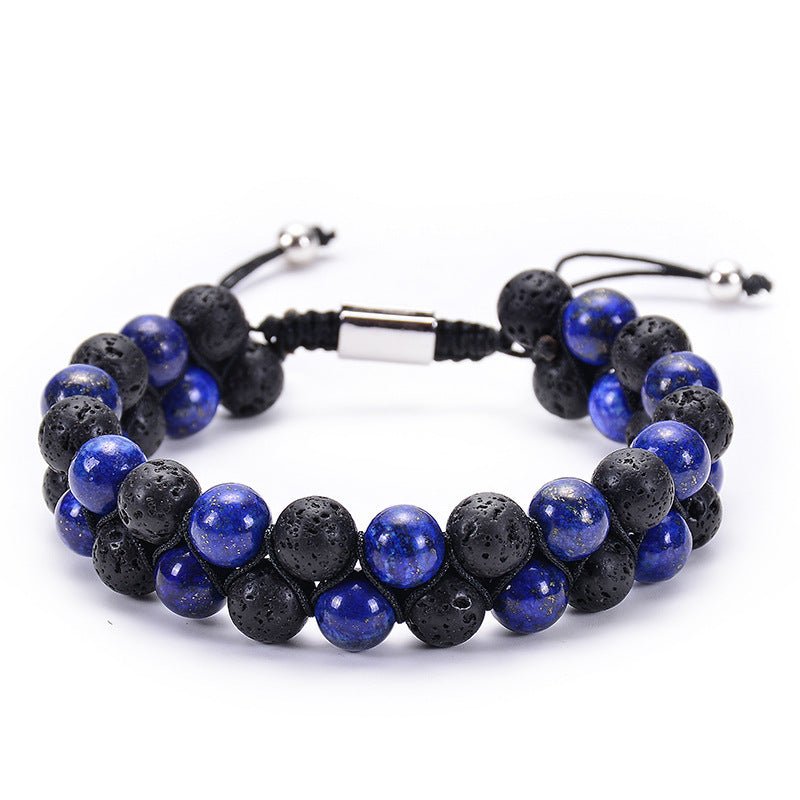 Bracelet Double Rang en Pierre Naturelle Œil de Tigre et Pierre Volcanique - Allomarc.com