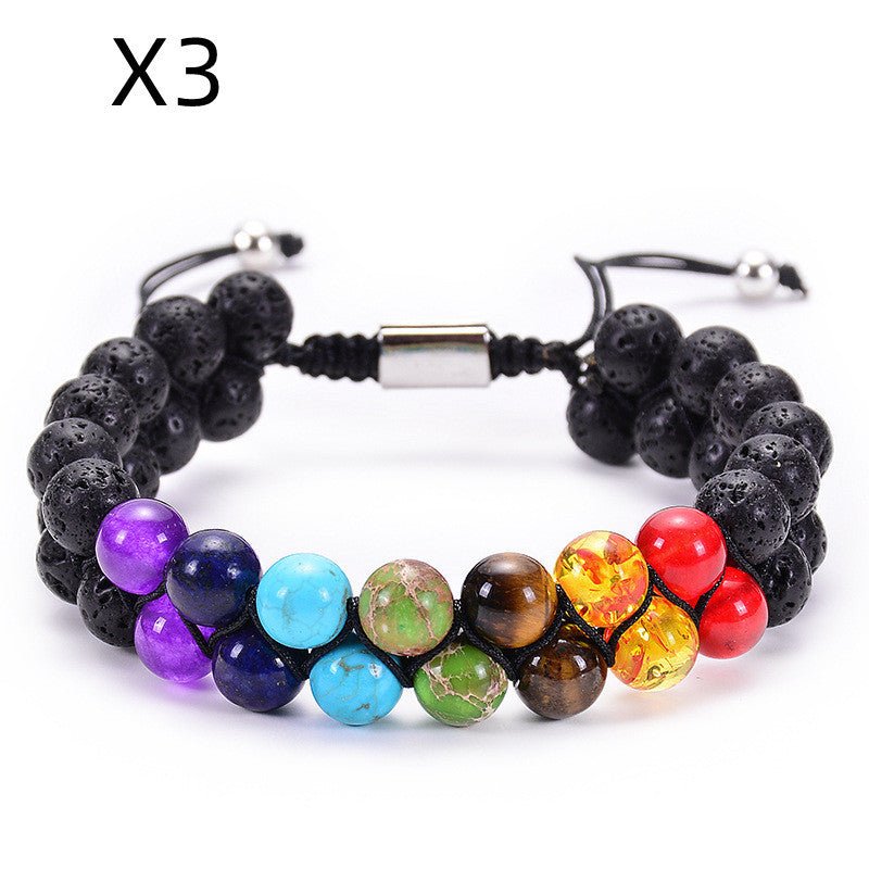 Bracelet Double Rang en Pierre Naturelle Œil de Tigre et Pierre Volcanique - Allomarc.com