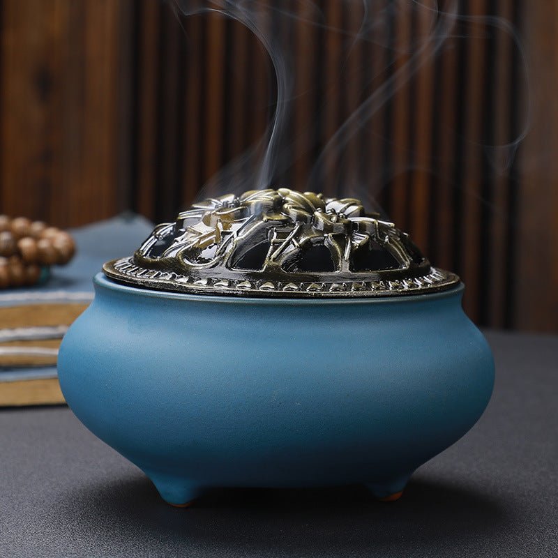 Brûleur d'Encens en Céramique Bouddha avec Couvercle en Cuivre - Allomarc.com
