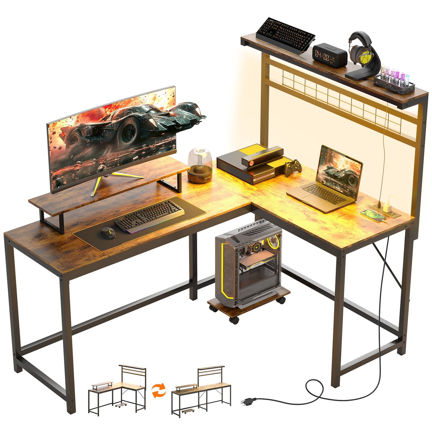 Bureau de Jeu L - Shaped de 61,6 L avec Prises Électriques et Lumières LED, Bureau d'Ordinateur avec Support pour Moniteur et Étagère CPU, Marron Rustique - Allomarc.com