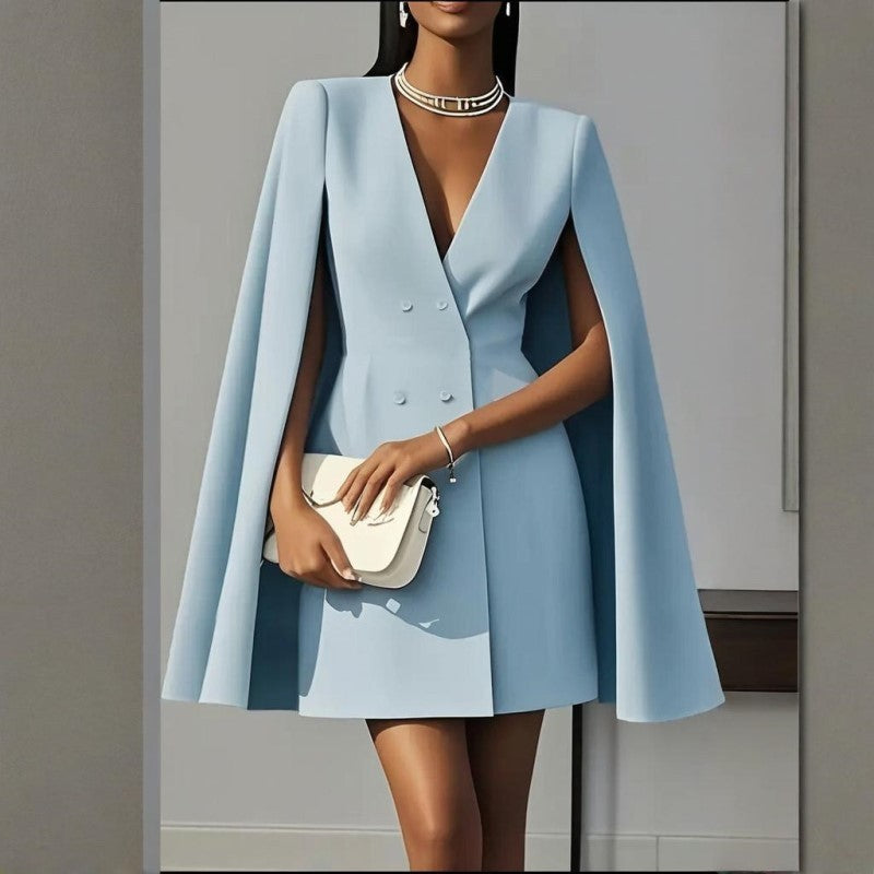 Robe Blazer Cape Élégante Femme en Couleur Unie avec Col V Double Boutonnage pour Printemps & Été