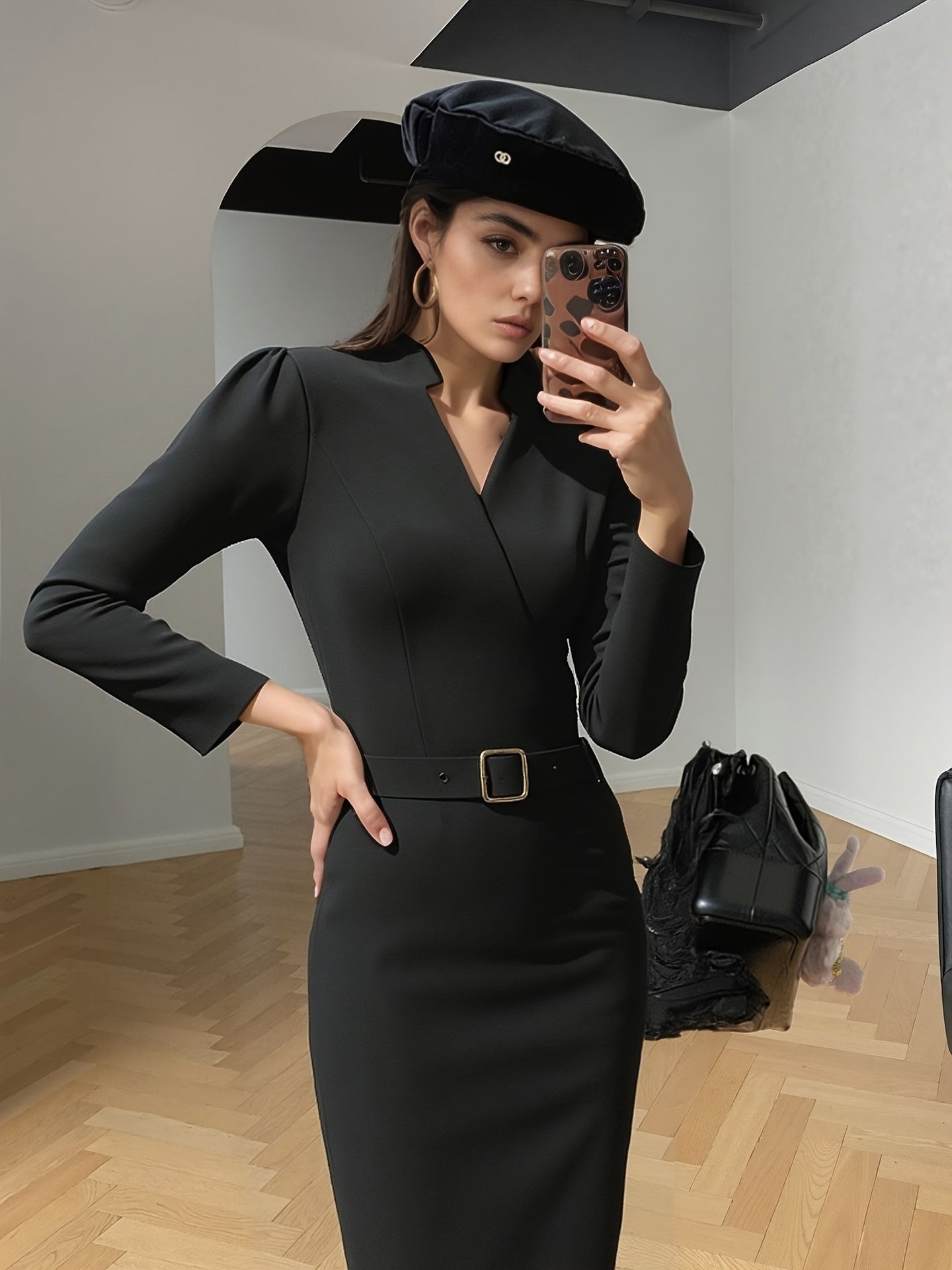 Robe de Costume Slim Épousant le Corps - V Col et Manches Longues pour Femmes