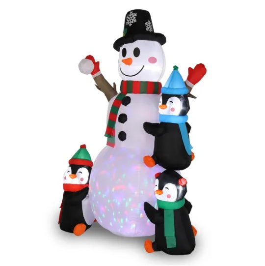 Décoration Gonflable de Jardin : Bonhomme de Neige de 6 Pieds avec 3 Pingouins et Lumières
