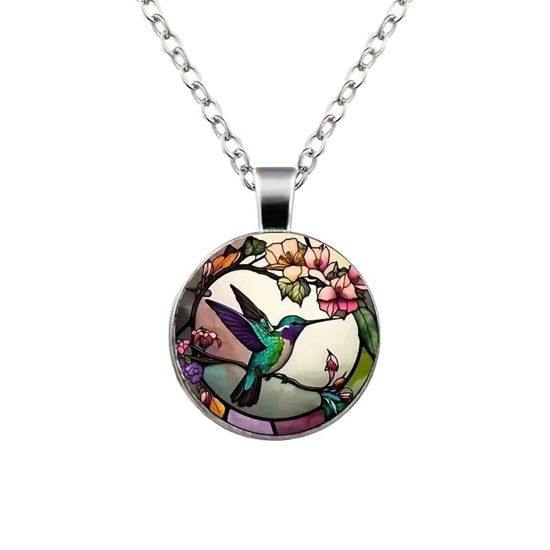 Collier Rond à Motif de Colibri et de Fleurs Retro Créatif