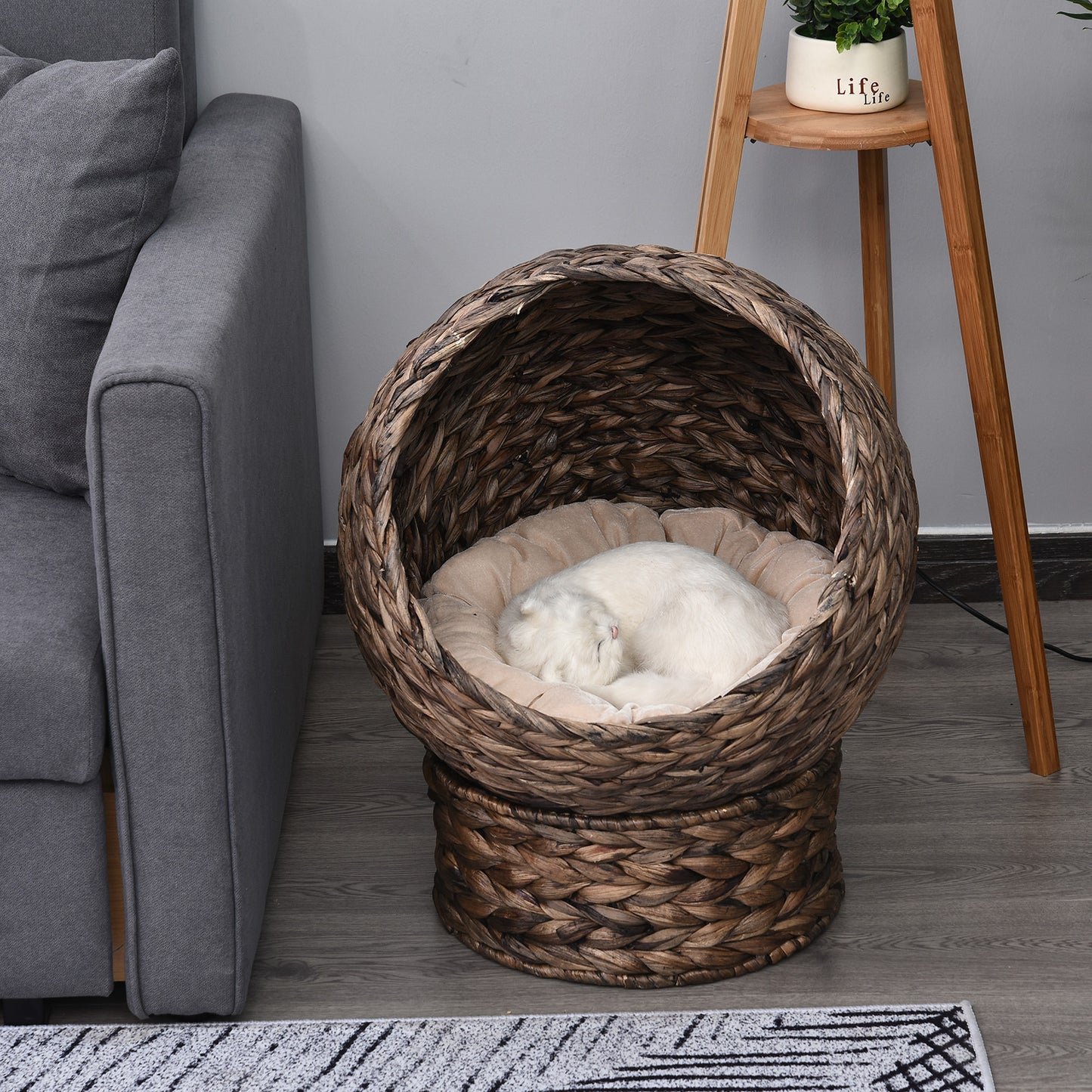 Lit Élevé en Osier Fait Main avec Coussin Marron Foncé pour Chatons