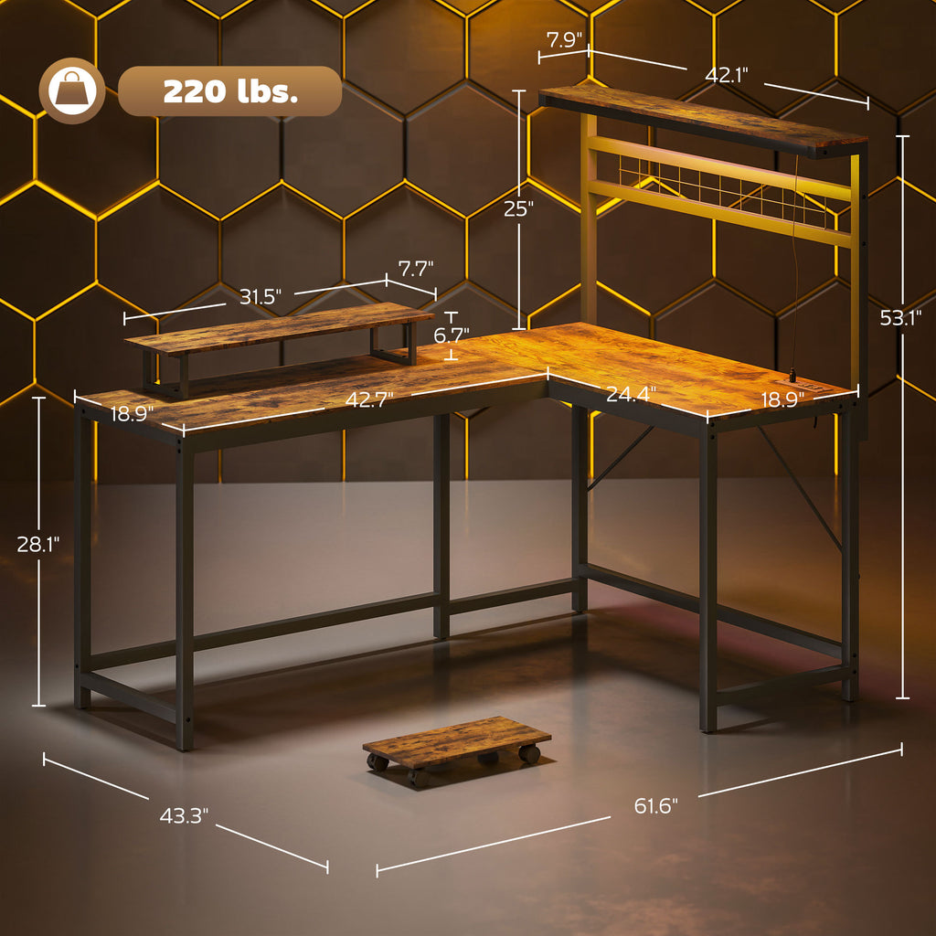 Bureau de Jeu L-Shaped de 61,6 L avec Prises Électriques et Lumières LED, Bureau d'Ordinateur avec Support pour Moniteur et Étagère CPU, Marron Rustique