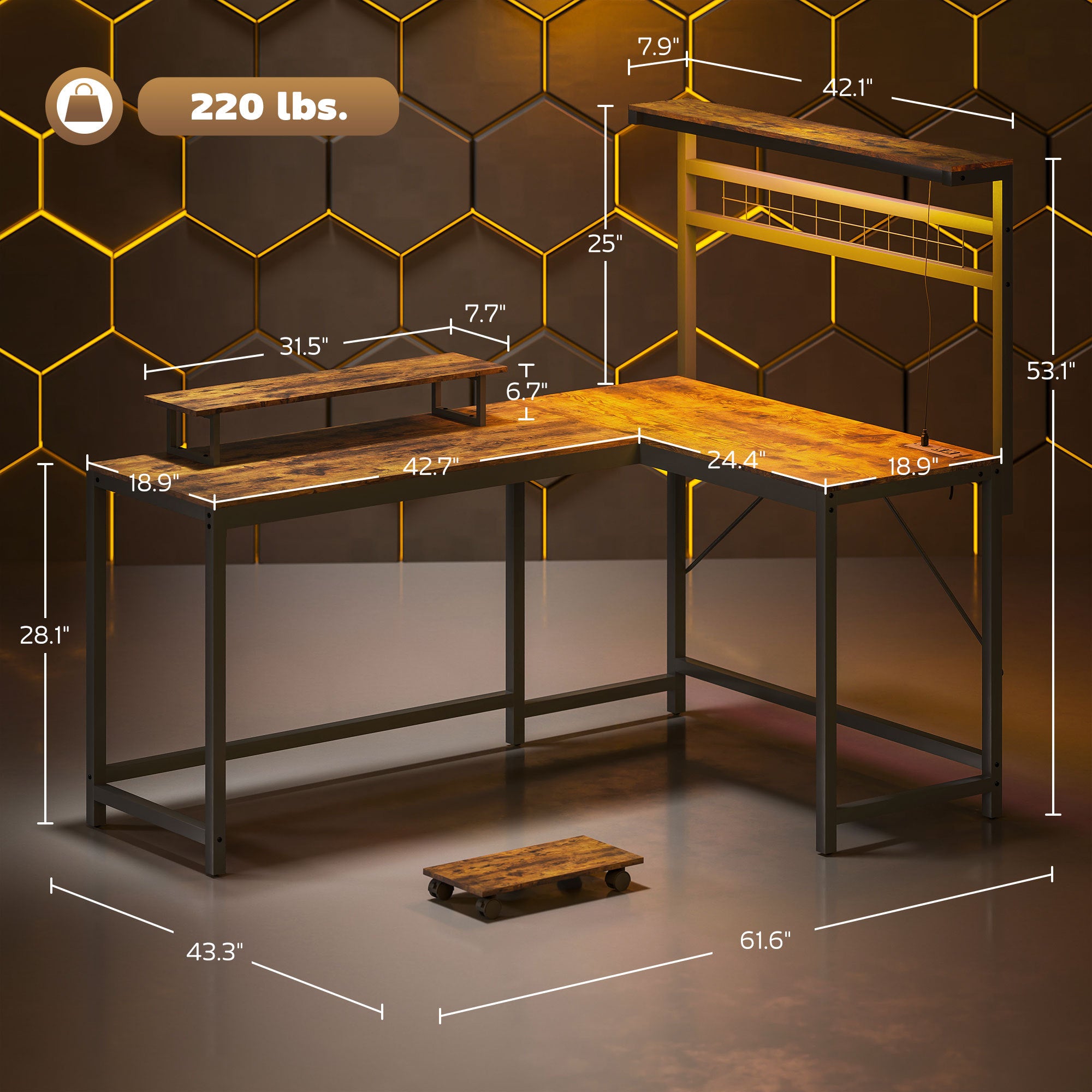 Bureau de Jeu L-Shaped de 61,6 L avec Prises Électriques et Lumières LED, Bureau d'Ordinateur avec Support pour Moniteur et Étagère CPU, Marron Rustique