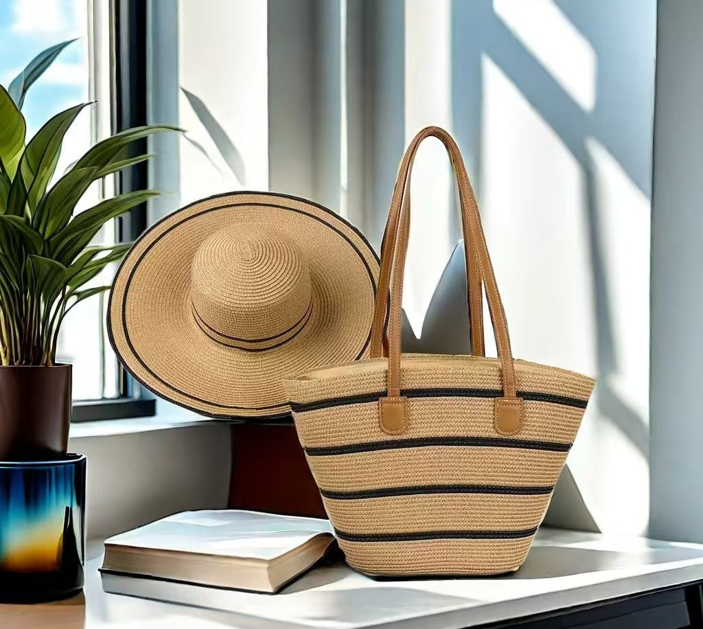 Ensemble de Sac et Chapeau en Paille pour Protection Solaire lors de Vacances à la Plage