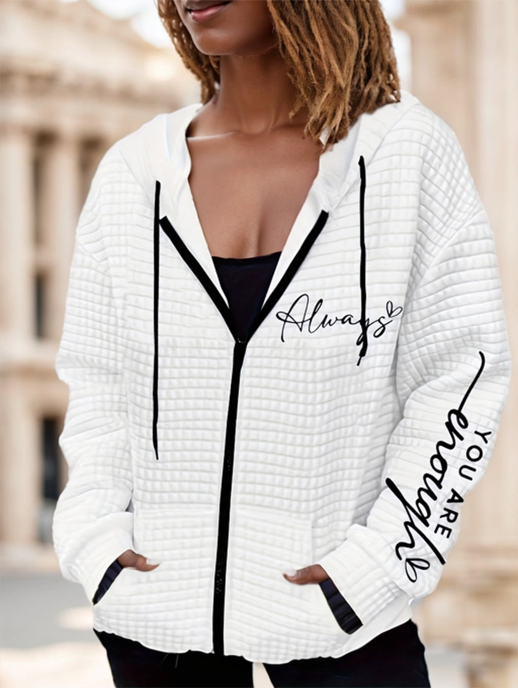 Hoodie à zip avec imprimé lettres et poches doubles