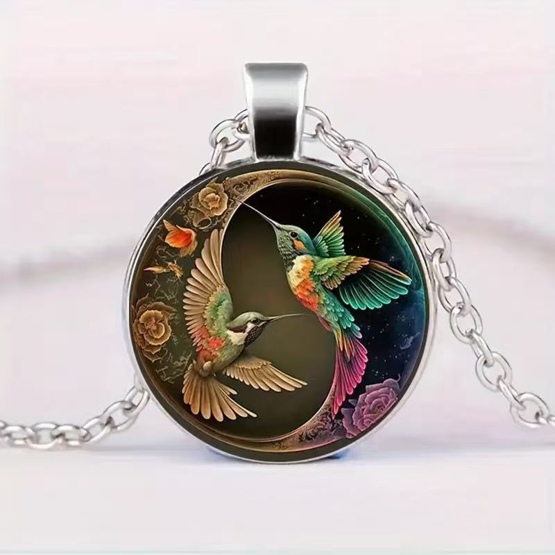 Collier Rond à Motif de Colibri et de Fleurs Retro Créatif