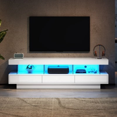 Meuble TV Haut Brillant avec Éclairage LED 160CM, 3 Tiroirs et 3 Espaces de Rangement