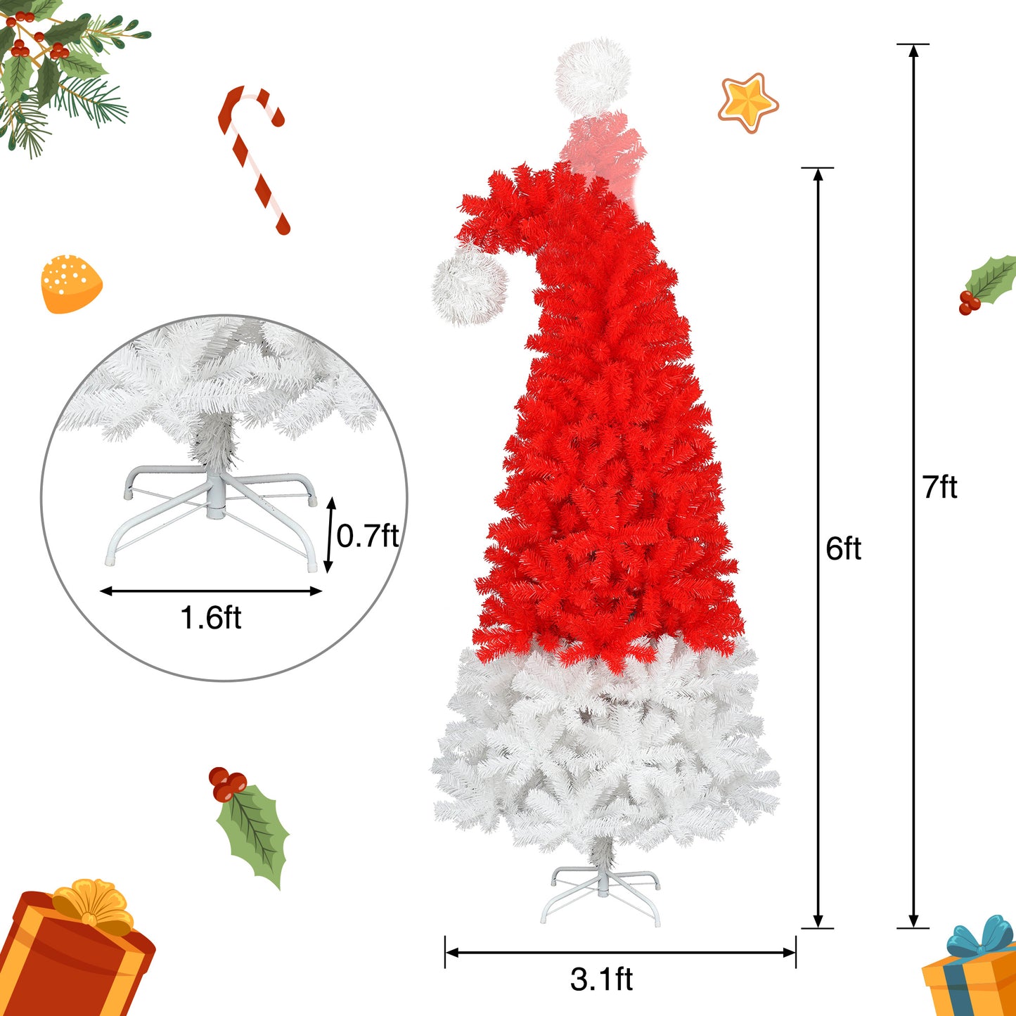 Sapins de Noël Artificiels de 6 Pieds avec Lumières LED - Arbre de Noël en Forme de Bonnet de Santa