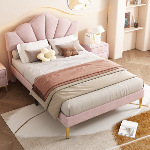 Lit en Velours Rose 150x200 cm avec Pieds en Fer Doré