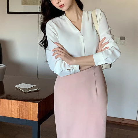 Blouse Chiffon à Manches Longues Style Coréen V-cou pour Femmes