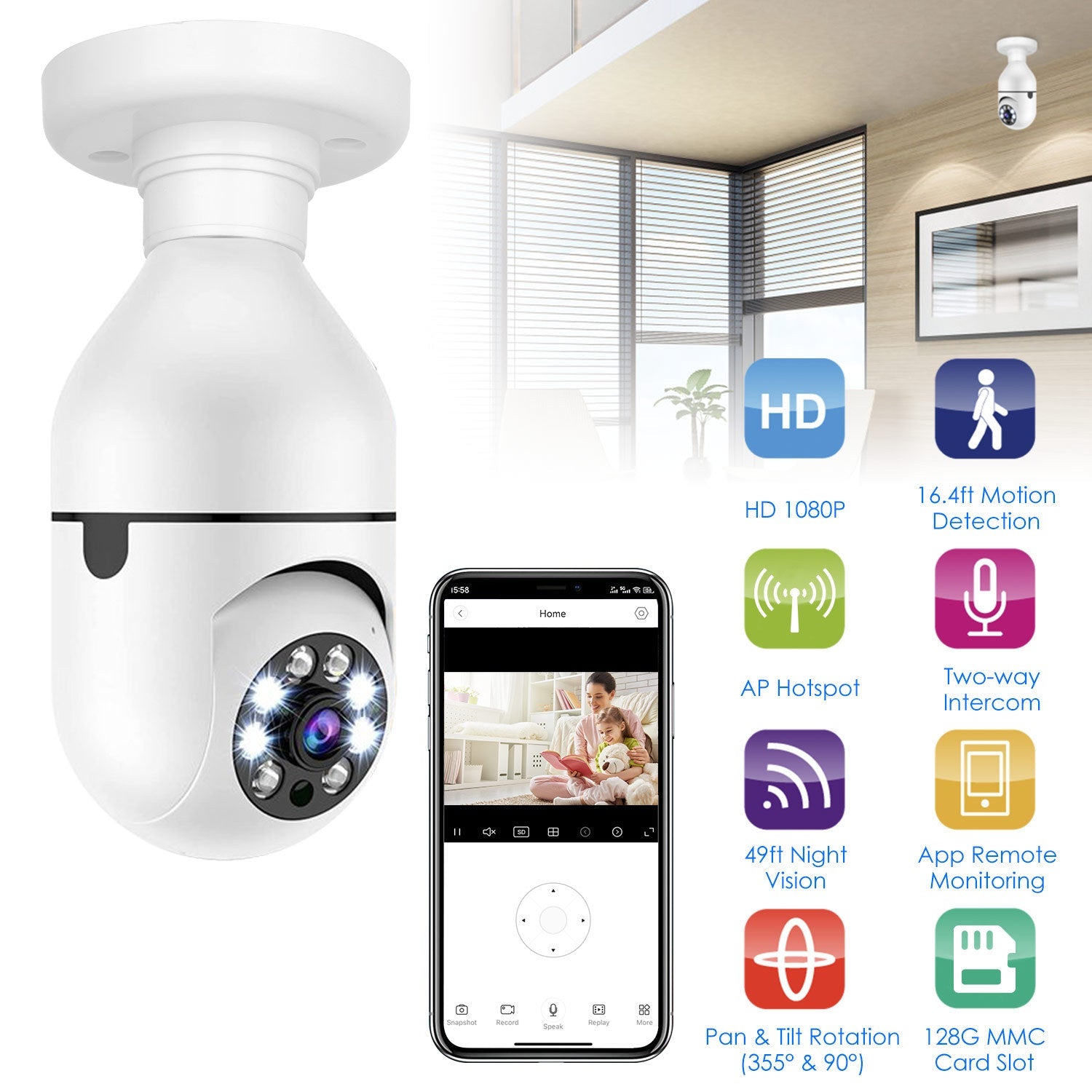 Caméra de Surveillance WiFi E27 1080P FHD avec Audio Bidirectionnel - Allomarc.com