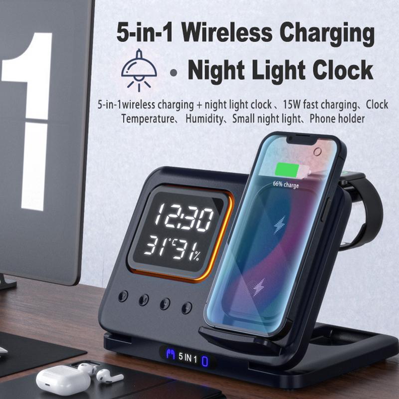 Station de Charge Sans Fil 15W avec Horloge Numérique LED et Support 5 en 1