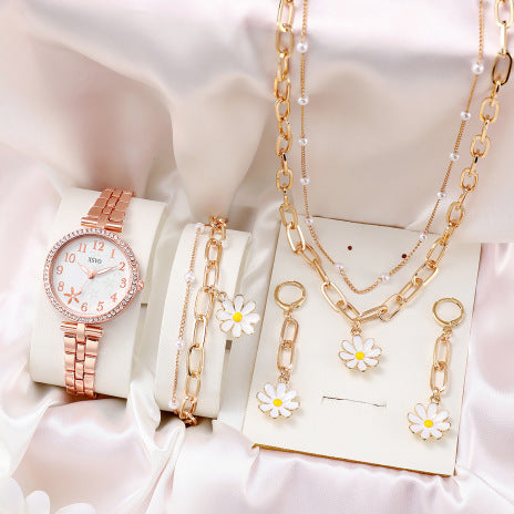 Montre de Mode avec Bijoux Complémentaires : Montre Quartz, Collier, Bracelet, Bague et Boucles d'Oreilles