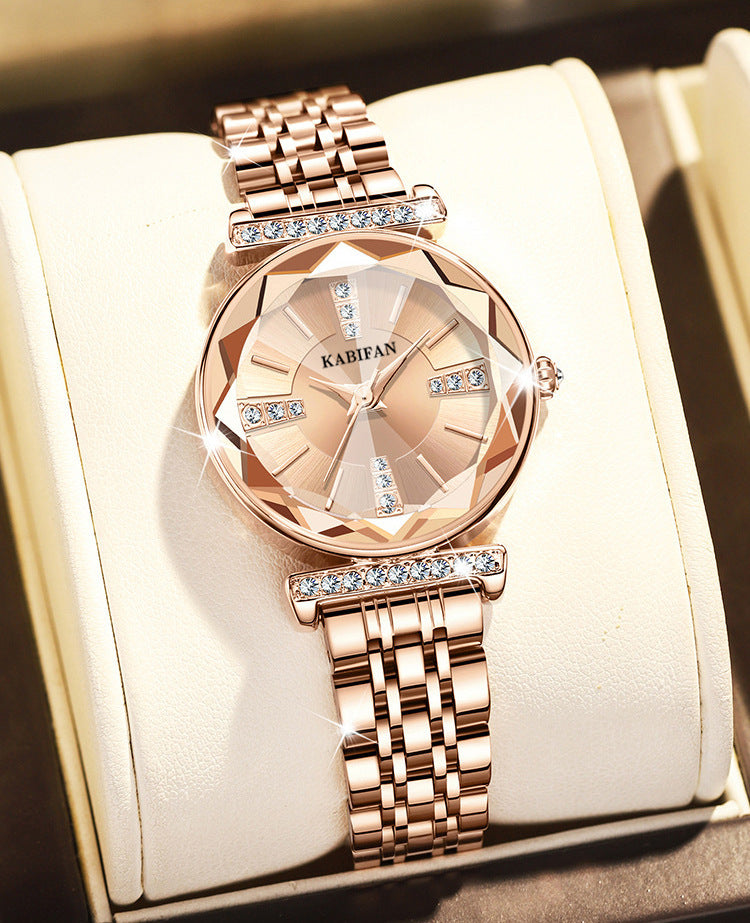 Montre Femme Étanche en Acier avec Miroir et Diamants