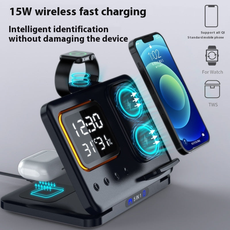 Station de Charge Sans Fil 15W avec Horloge Numérique LED et Support 5 en 1