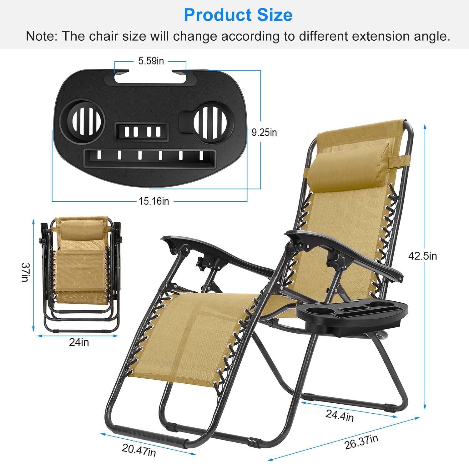 Chaises Longues Zero Gravity en Pack de 2 avec Plateau Latéral et Coussin de Soulagement du Stress - Charge Max 330lbs - Allomarc.com