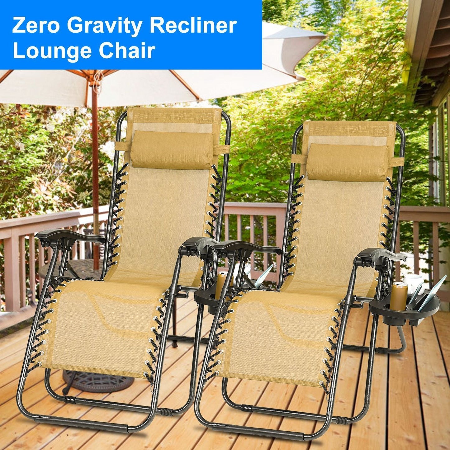Chaises Longues Zero Gravity en Pack de 2 avec Plateau Latéral et Coussin de Soulagement du Stress - Charge Max 330lbs - Allomarc.com