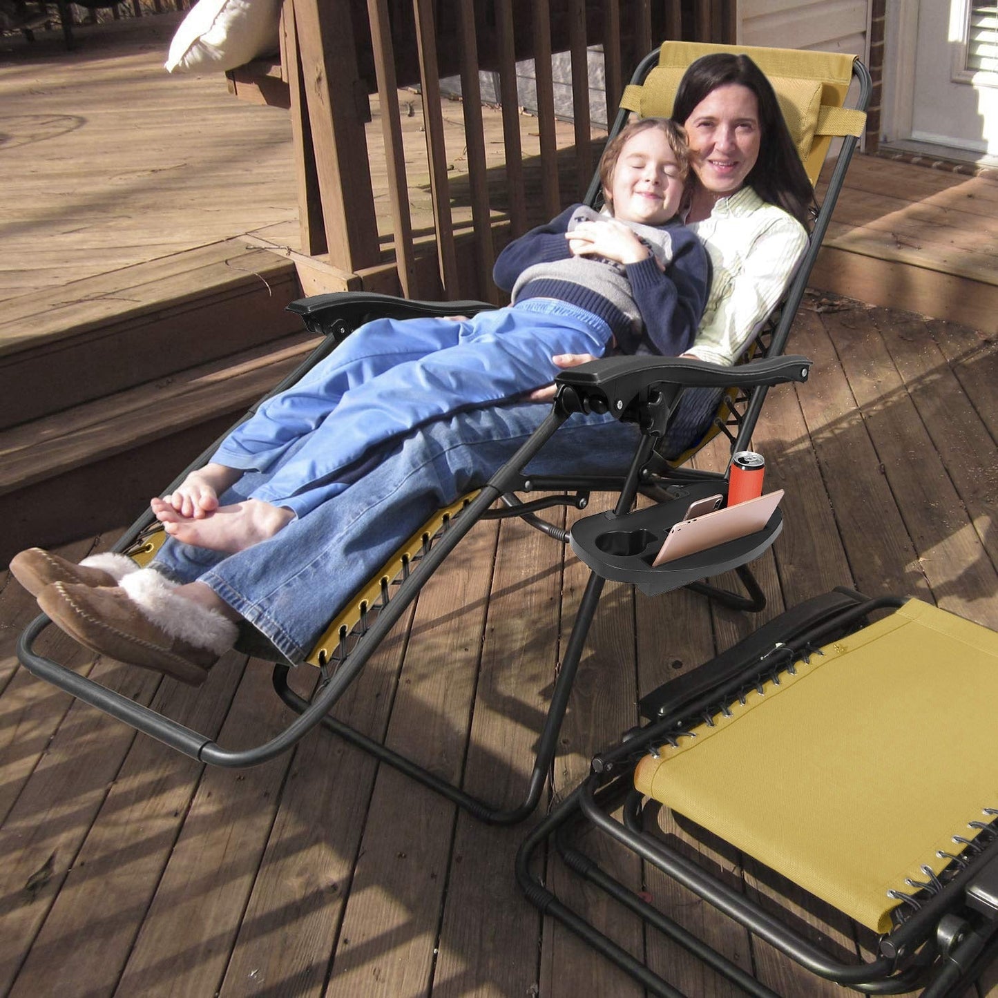 Chaises Longues Zero Gravity en Pack de 2 avec Plateau Latéral et Coussin de Soulagement du Stress - Charge Max 330lbs - Allomarc.com