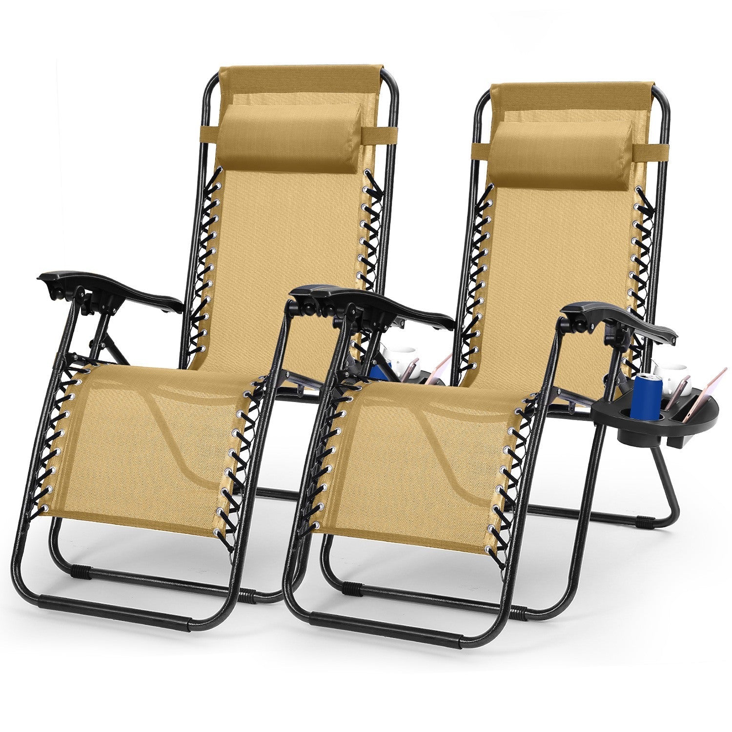 Chaises Longues Zero Gravity en Pack de 2 avec Plateau Latéral et Coussin de Soulagement du Stress - Charge Max 330lbs - Allomarc.com