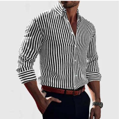 Chemise à Manches Longues Rayée pour Homme - Mode Décontractée avec Col et Boutons - Allomarc.com