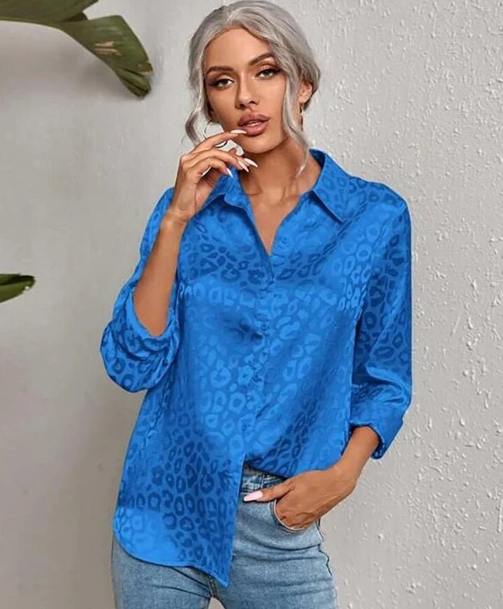 Chemise en soie artificielle jacquard léopard avec bouton de revers - Allomarc.com