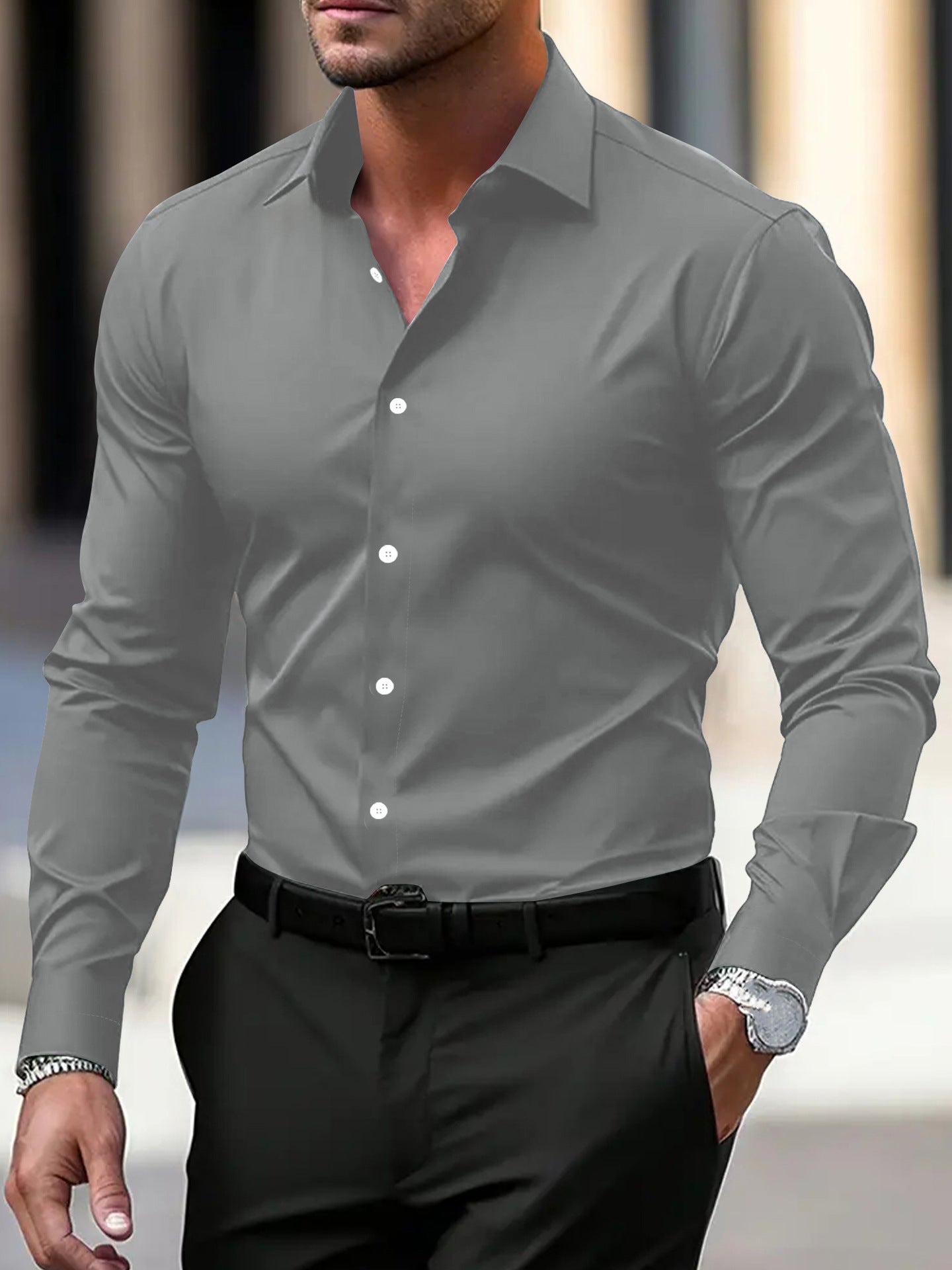 Chemise pour homme à boutons business - Chemise d'été unie à manches longues - Allomarc.com