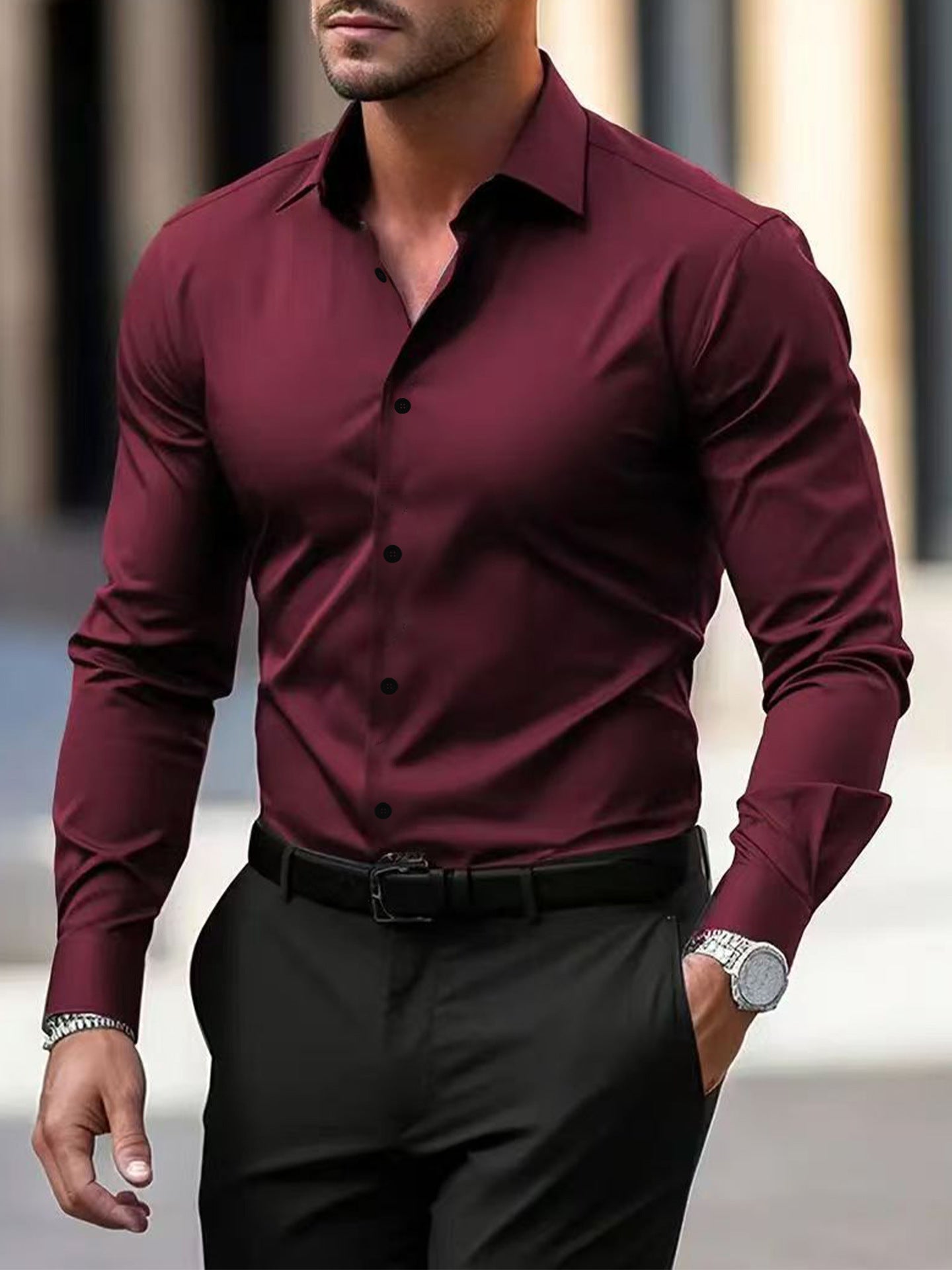 Chemise pour homme à boutons business - Chemise d'été unie à manches longues - Allomarc.com