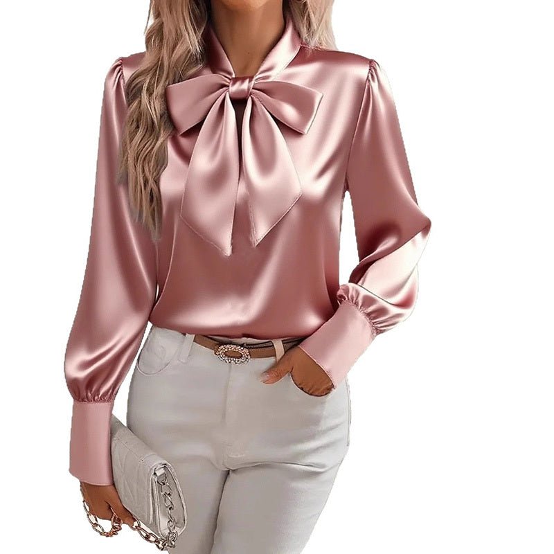 Chemisier Satin à Manches Longues pour Femme avec Détail Nœud - Top Élégant de Printemps et Automne - Allomarc.com