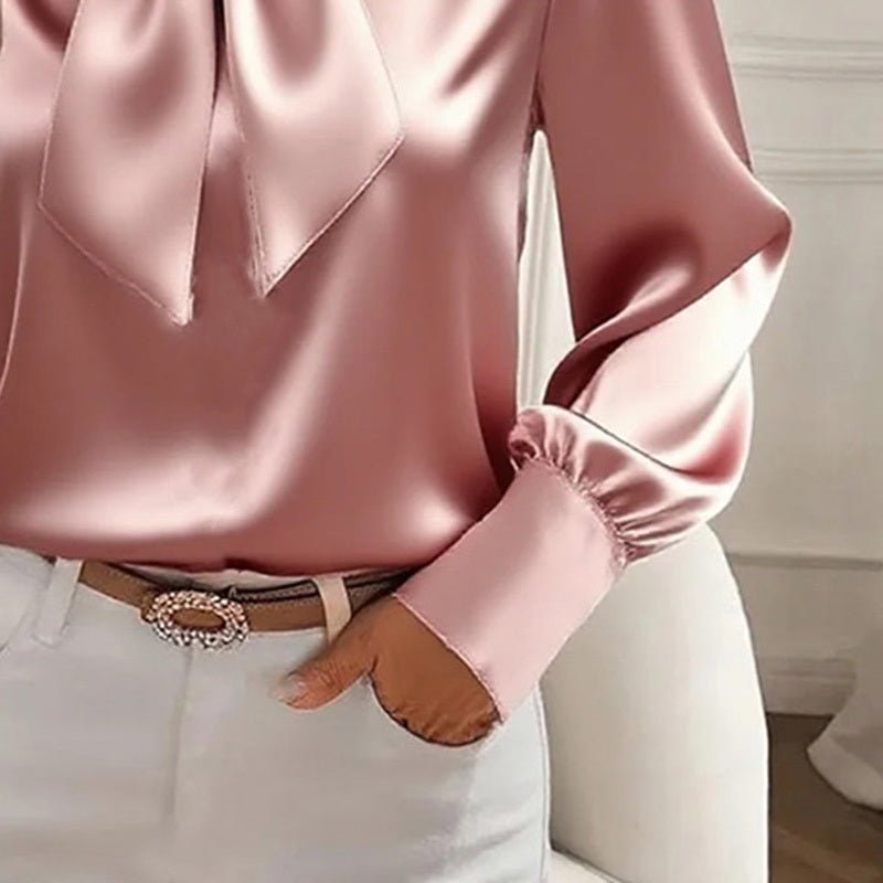 Chemisier Satin à Manches Longues pour Femme avec Détail Nœud - Top Élégant de Printemps et Automne - Allomarc.com