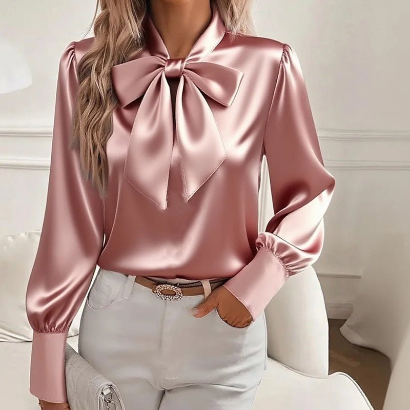 Chemisier Satin à Manches Longues pour Femme avec Détail Nœud - Top Élégant de Printemps et Automne - Allomarc.com