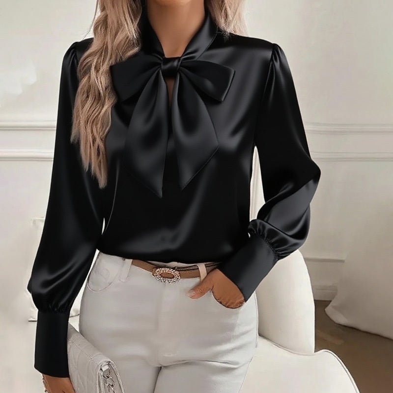 Chemisier Satin à Manches Longues pour Femme avec Détail Nœud - Top Élégant de Printemps et Automne - Allomarc.com