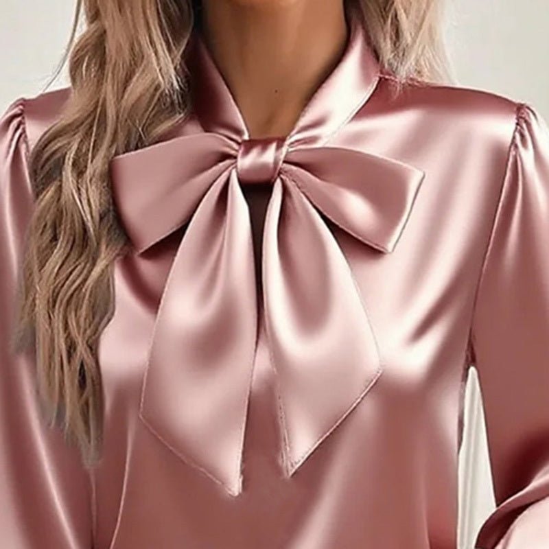 Chemisier Satin à Manches Longues pour Femme avec Détail Nœud - Top Élégant de Printemps et Automne - Allomarc.com