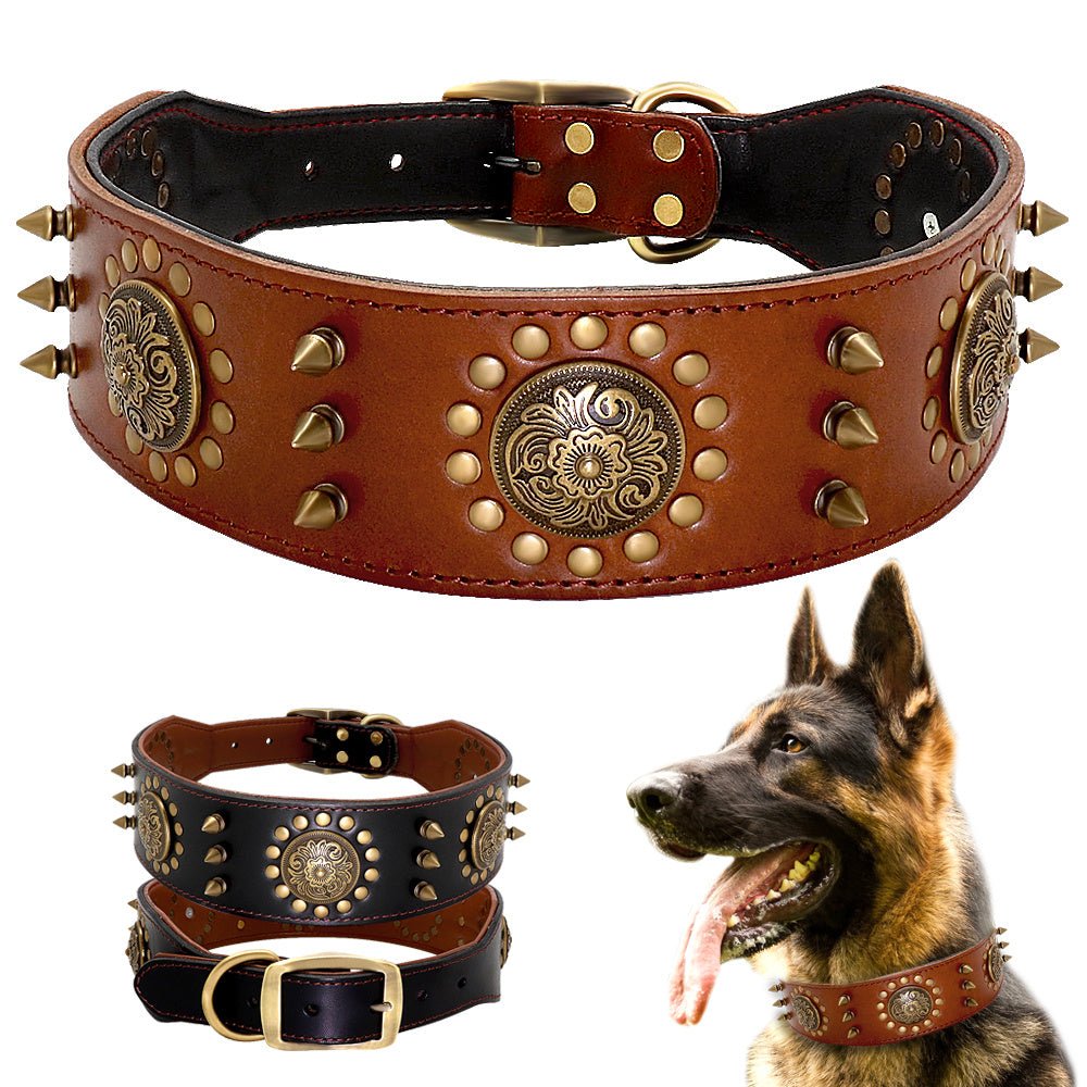Collier en cuir pour chien avec clous - Grand modèle résistant aux morsures - Allomarc.com