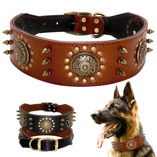 Collier en cuir pour chien avec clous - Grand modèle résistant aux morsures - Allomarc.com