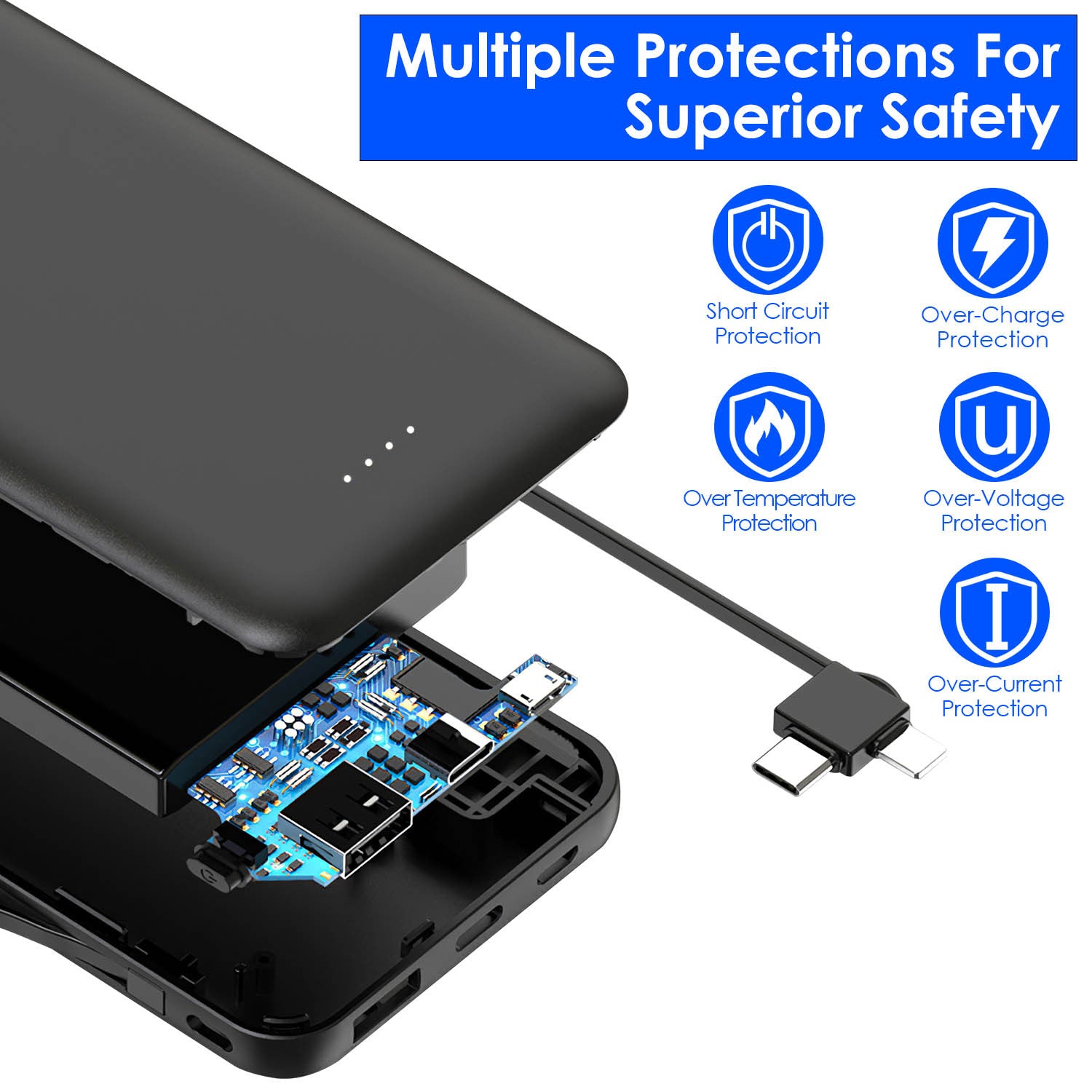 Chargeur Portable 10000mAh avec Câble Type C et LT - Idéal pour iPhone et Android