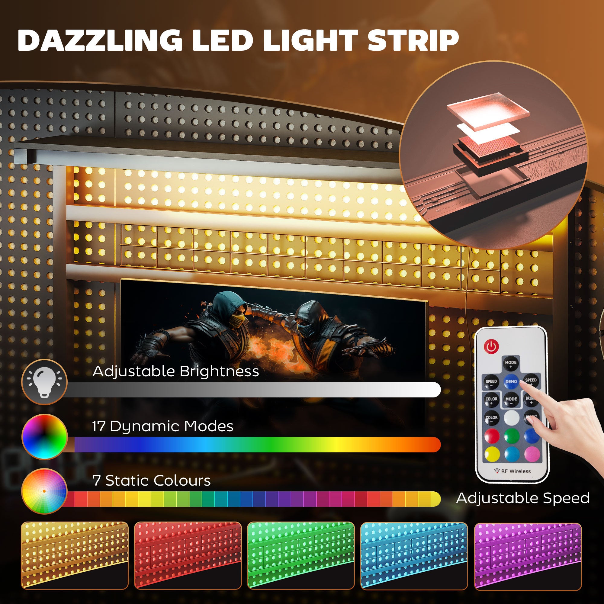Bureau de Jeu L-Shaped de 61,6 L avec Prises Électriques et Lumières LED, Bureau d'Ordinateur avec Support pour Moniteur et Étagère CPU, Marron Rustique